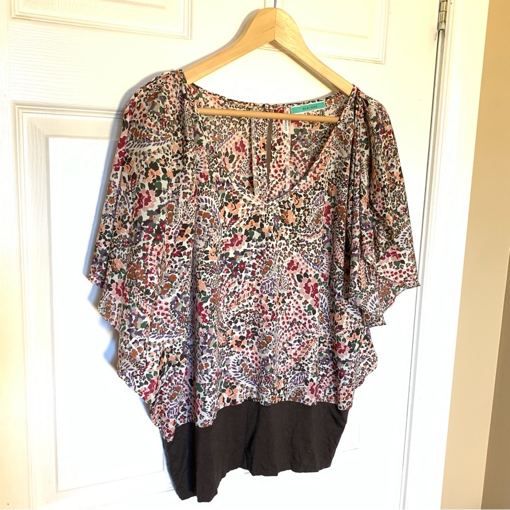 Pleione Multicolor Abstract Floral Blouse Women’s XL Brown Hem Boho